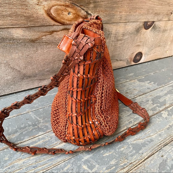 Vintage Eighties Rust Brown Leather Knit Zip Top Crossbody Shoulder Handbag - Picture 2 of 6